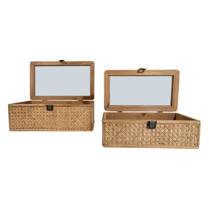 Set De 2 Cajas Rectangulares Kanet De Rattan Y Madera Con Tapa De Vidrio