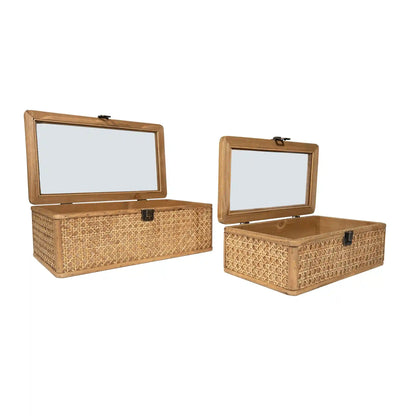 Set De 2 Cajas Rectangulares Kanet De Rattan Y Madera Con Tapa De Vidrio